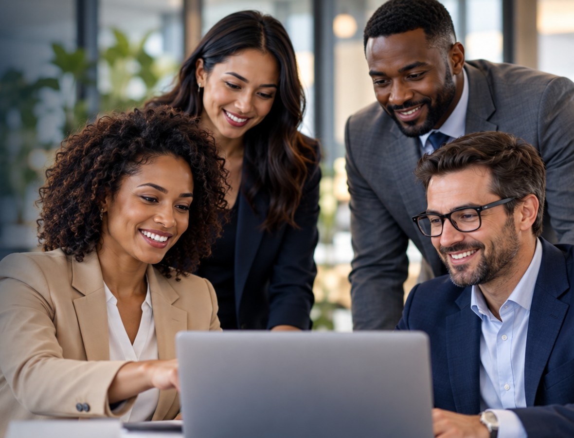 Four diverse staffing professionals working together at a laptop