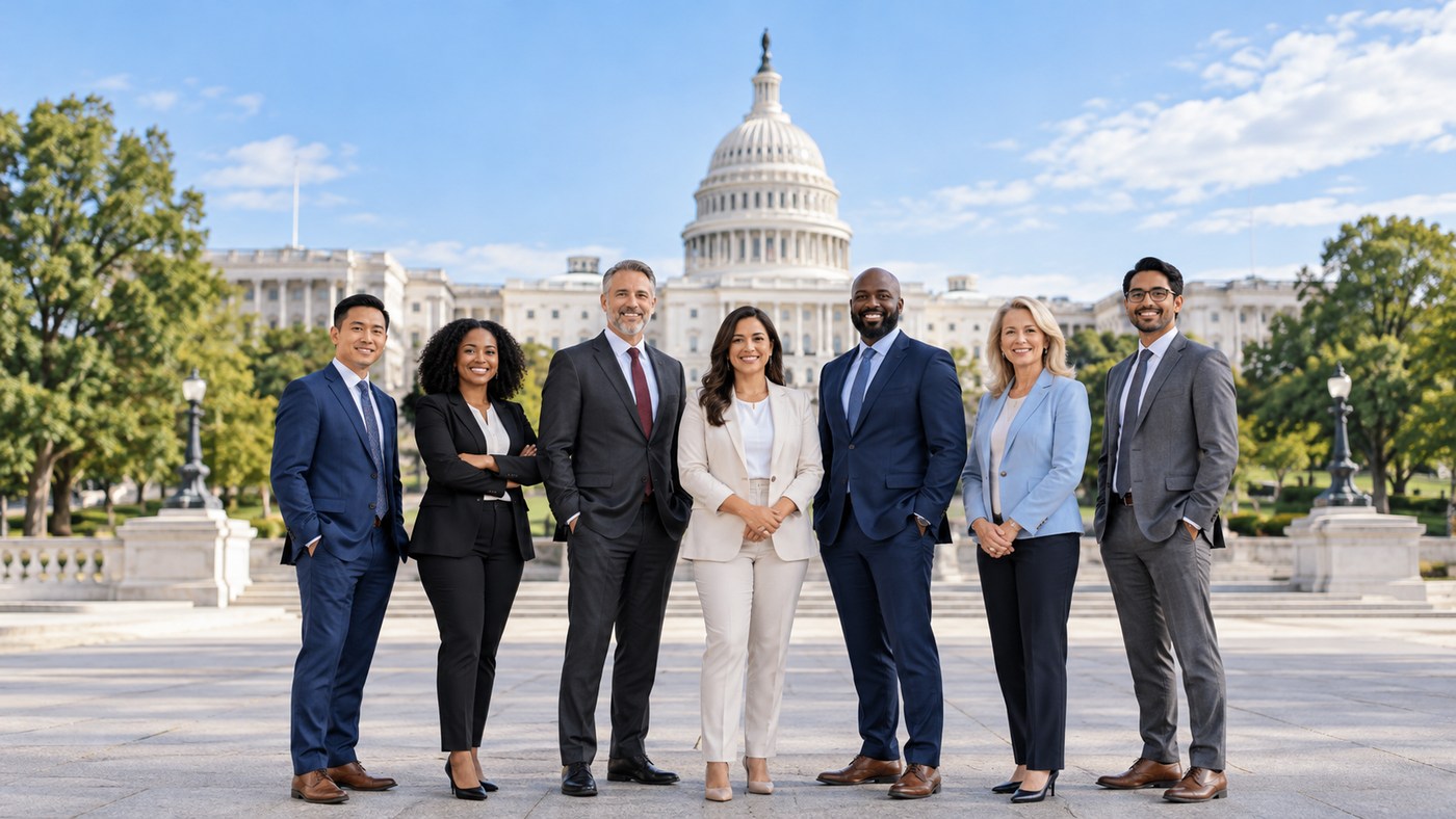 Diverse government professionals standing near the U.S. Capitol