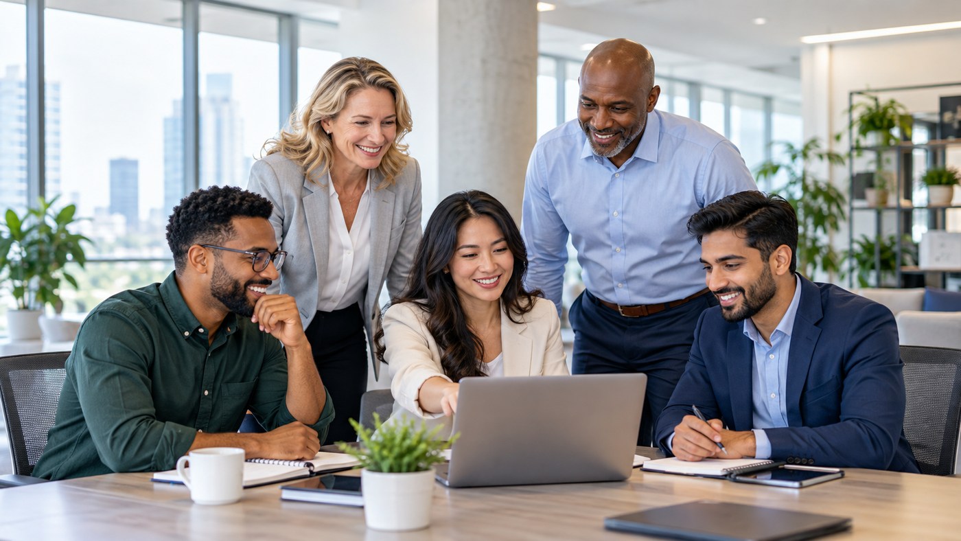 Diverse IT professionals collaborating around a laptop