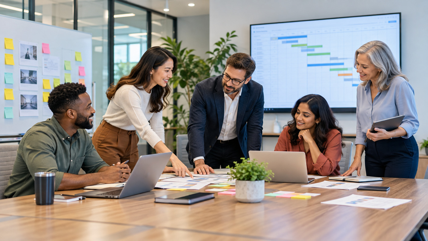 Diverse professionals working together on project-based support initiatives