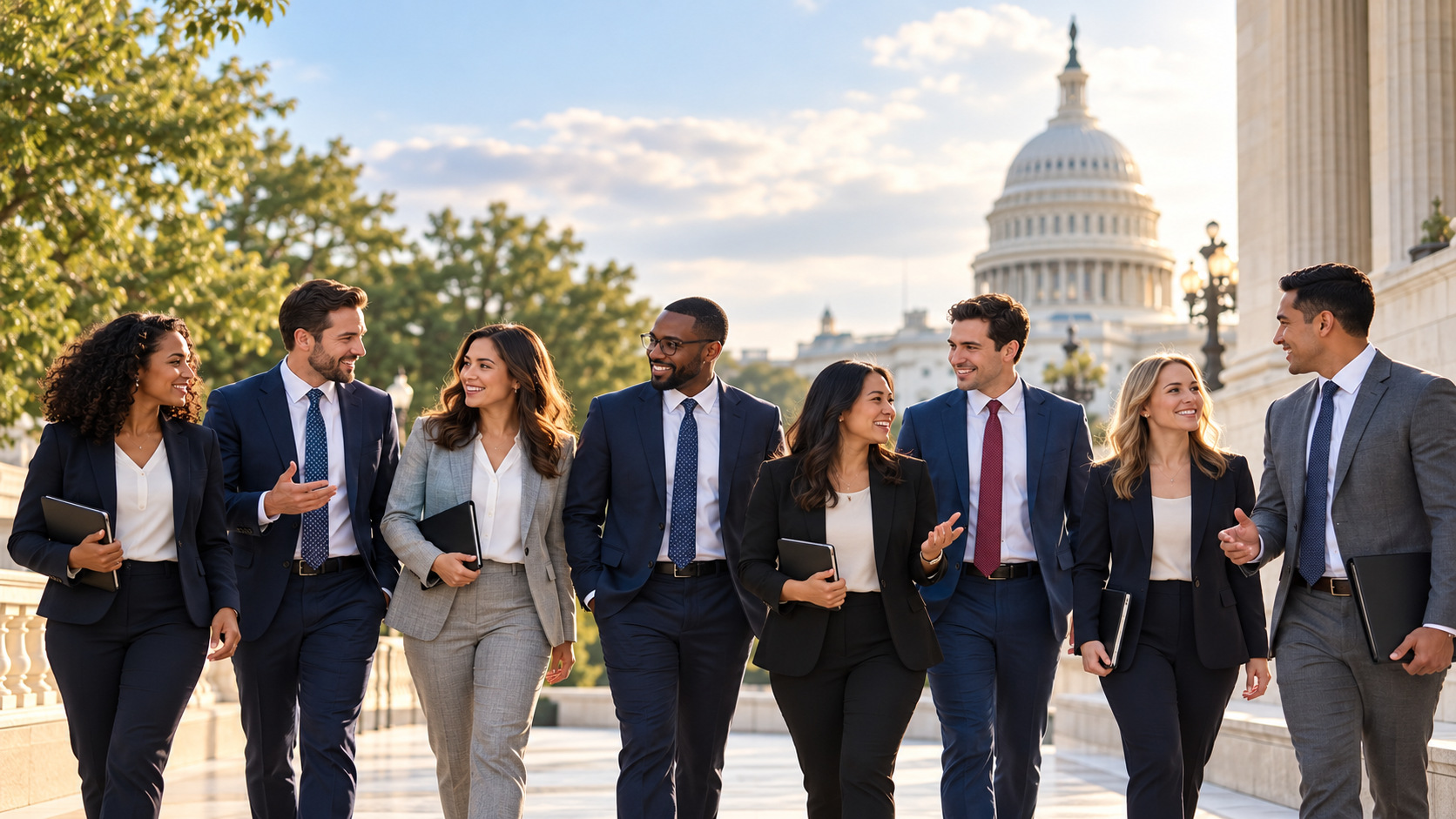 Diverse professionals walking and collaborating near the U.S. Capitol