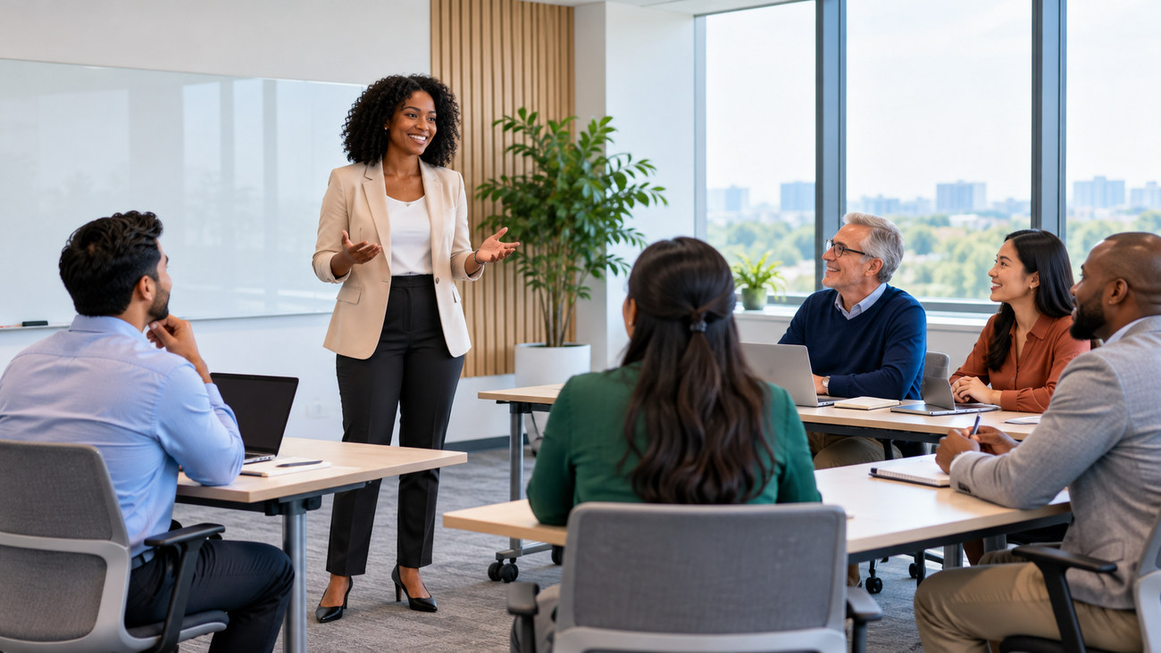 Trainer facilitating a small, diverse team workshop in an office