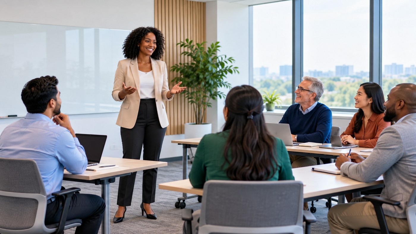 Diverse professionals participating in a corporate training session